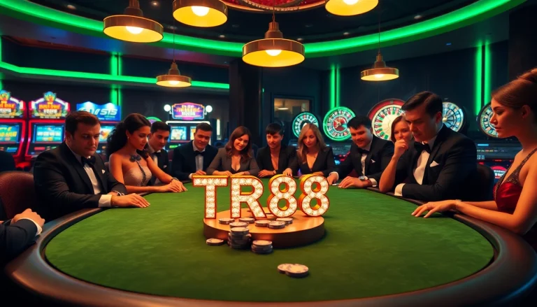 Players engaging in a high-stakes poker game with TR88-themed chips, reflecting luxury and excitement.