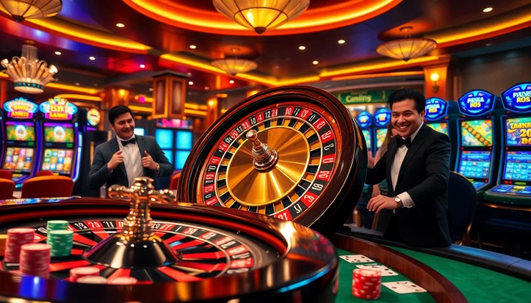 Experience thrilling gameplay at https://go8vni.com/ with luxurious casino elements like a roulette wheel and vibrant poker tables.