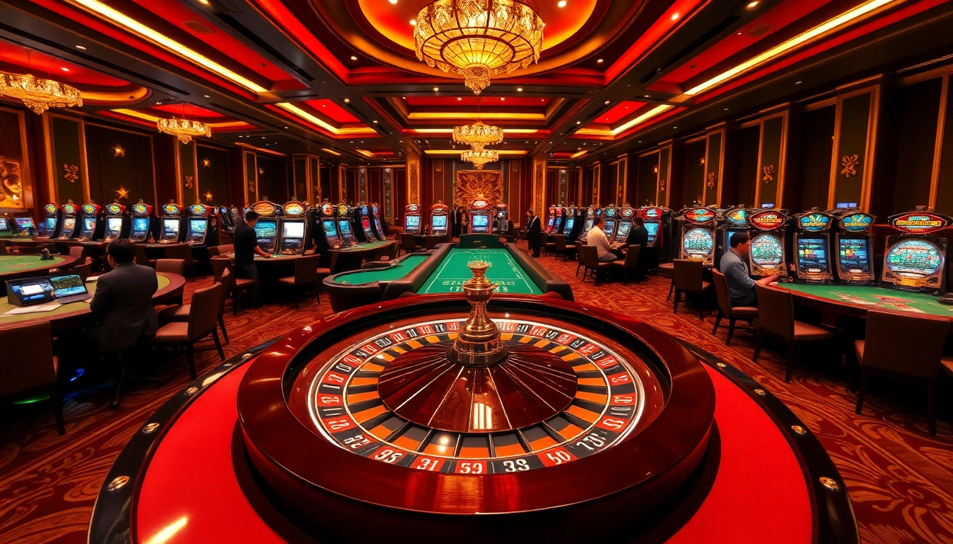 Experience the thrill of RR88 gaming at a luxurious casino with vibrant tables and eager gamblers.