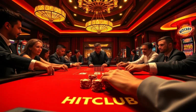 HITCLUB casino scene showcasing players engaged in exciting table games and poker chips.