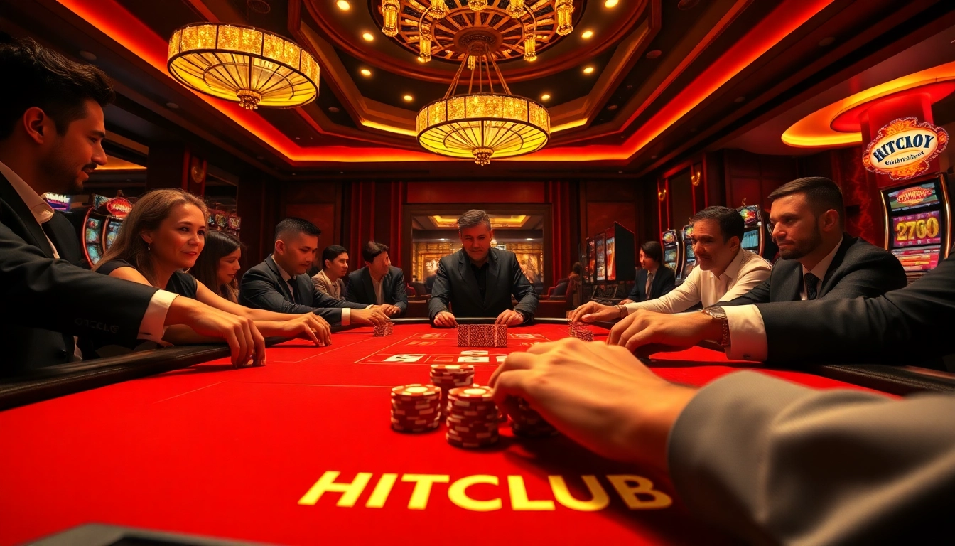 HITCLUB casino scene showcasing players engaged in exciting table games and poker chips.