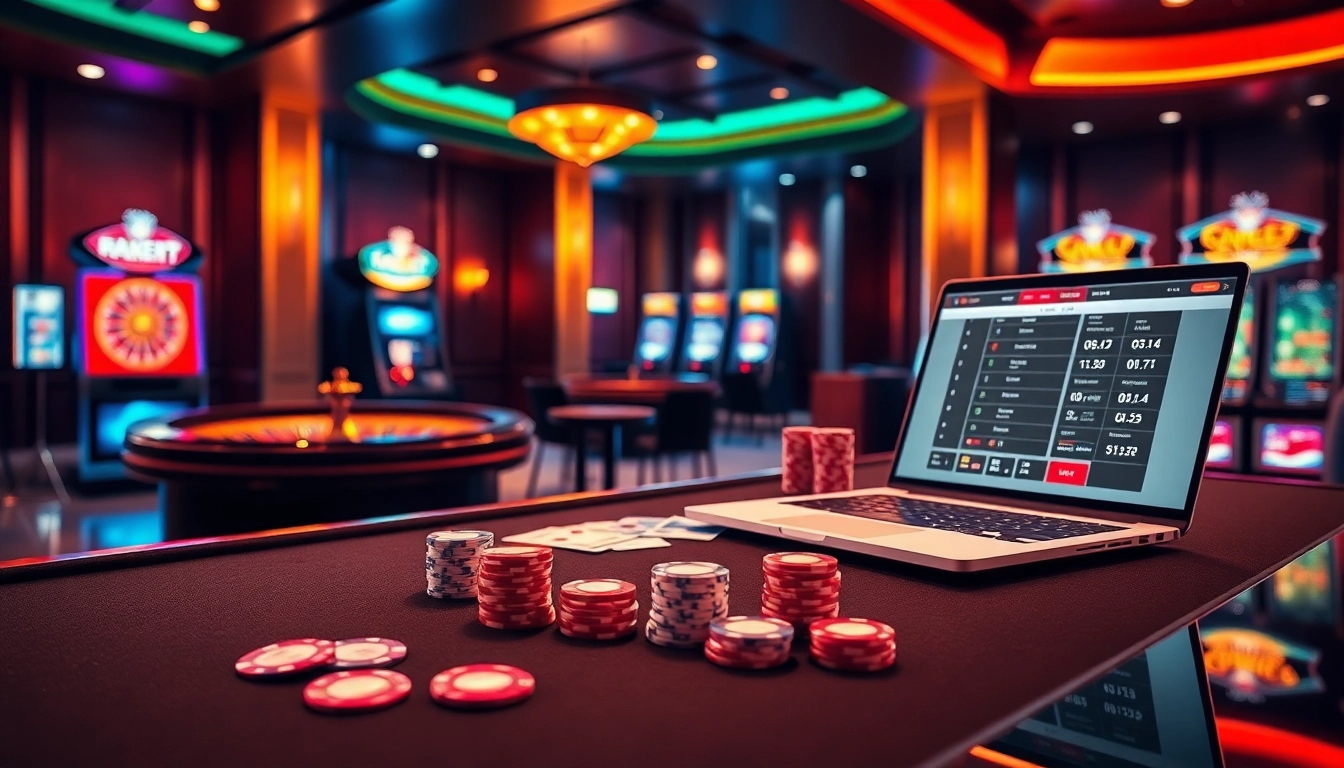 Engage in the excitement of Betting Online Now with a luxurious casino scene featuring poker, roulette, and digital betting.