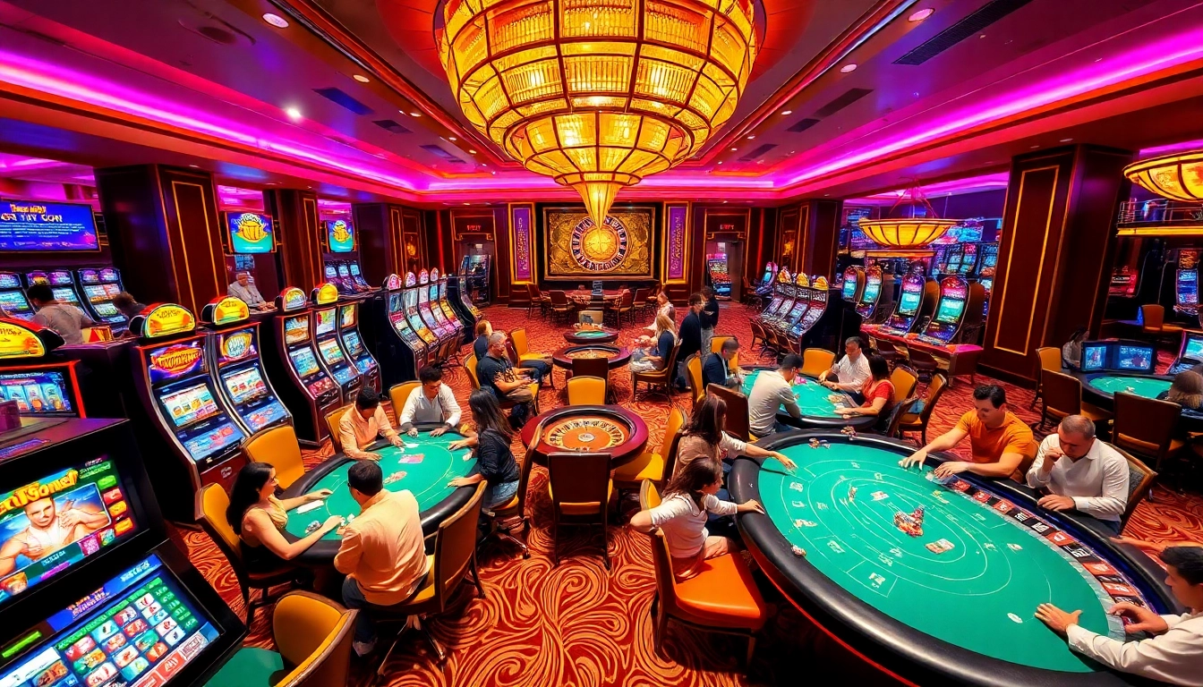 Experience the thrill of 555win at a luxurious casino with vibrant gaming tables and slot machines.