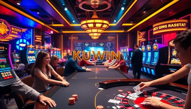 Kuwin players enjoying thrilling casino games at vibrant tables with poker chips and cards.