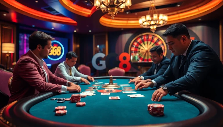 Experience the thrill of GG 88 at a luxurious poker table in a vibrant casino setting.