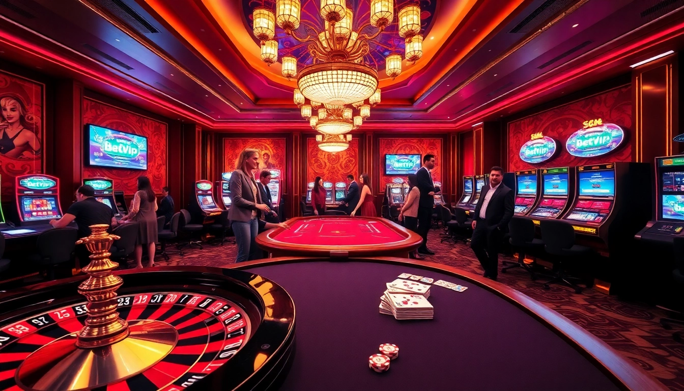 Người chơi đang tham gia tận hưởng một căn phòng chơi game sôi động trên BetVIP, với bàn roulette và poker.