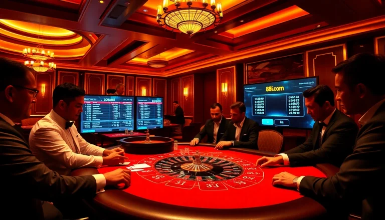 Players engaging at a poker table in a luxurious casino setting emphasizing 88i com's top gambling experience.