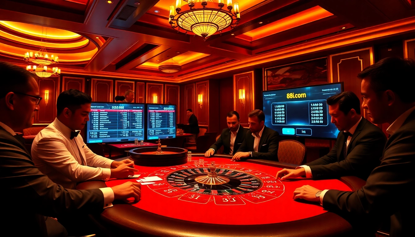 Players engaging at a poker table in a luxurious casino setting emphasizing 88i com's top gambling experience.