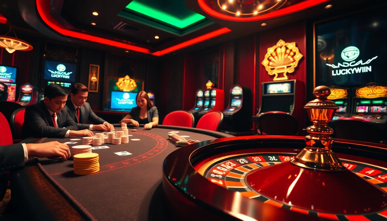 Experience thrilling gaming action at Nhà Cái Luckywin with professional players at a poker table.