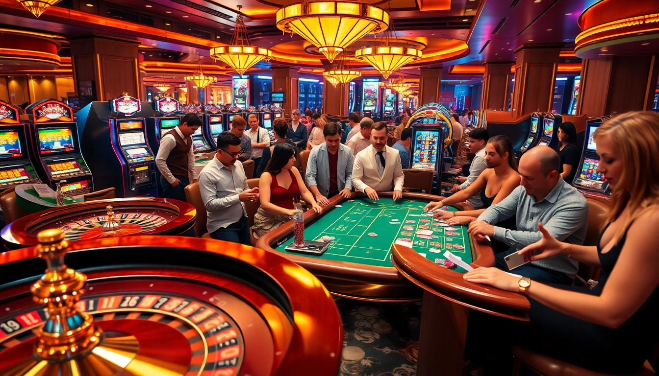 Một cảnh sòng bạc sống động, thể hiện những hoạt động cá cược hồi hộp tại CG79 với người chơi tại bàn roulette và blackjack.