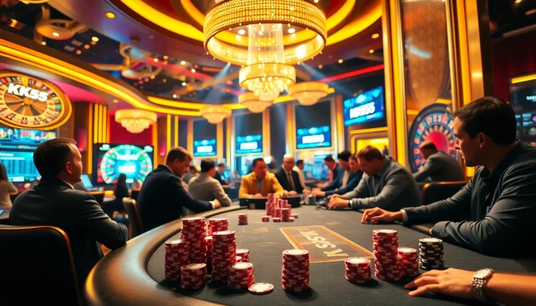 Experience thrilling poker action at a luxurious casino featuring KK55 poker chips and vibrant atmosphere.