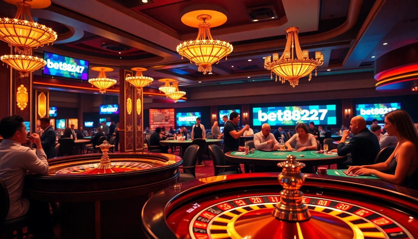 Experience the thrill of bet88247 at luxurious casino tables with roulette, cards, and chips.
