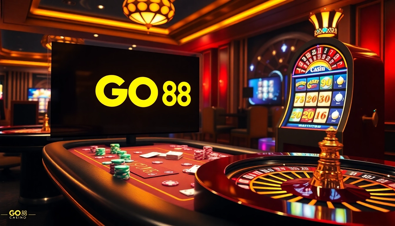Players enjoying the excitement at GO 88 online casino, surrounded by vibrant gaming elements.