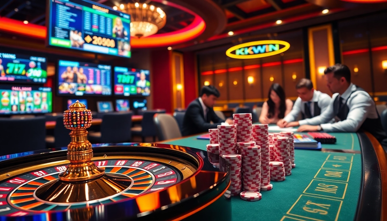 Engage in thrilling casino action at KKWIN with poker chips and roulette wheel.