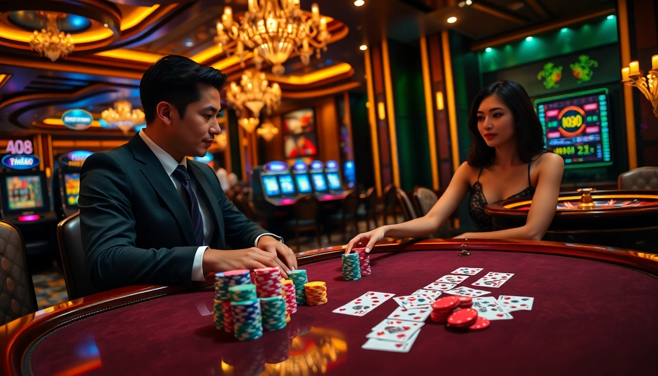 NK88 player engaging at an upscale poker table with vibrant chips and cards in a luxurious casino.