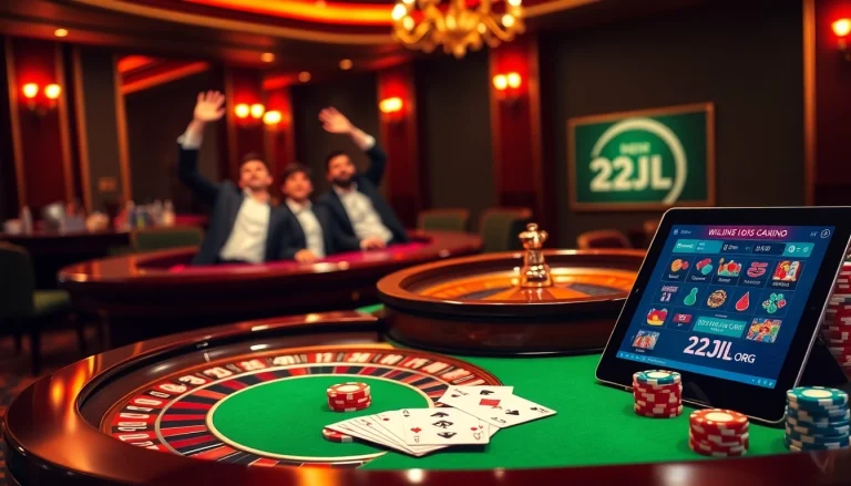 Visualize an exciting gaming environment with 22jl org, featuring a roulette table and vibrant poker chips.