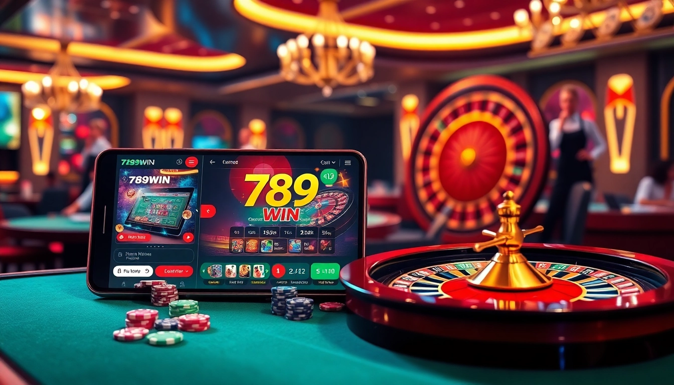 Experience the excitement of 789WIN online casino with dynamic poker chips and roulette gameplay.