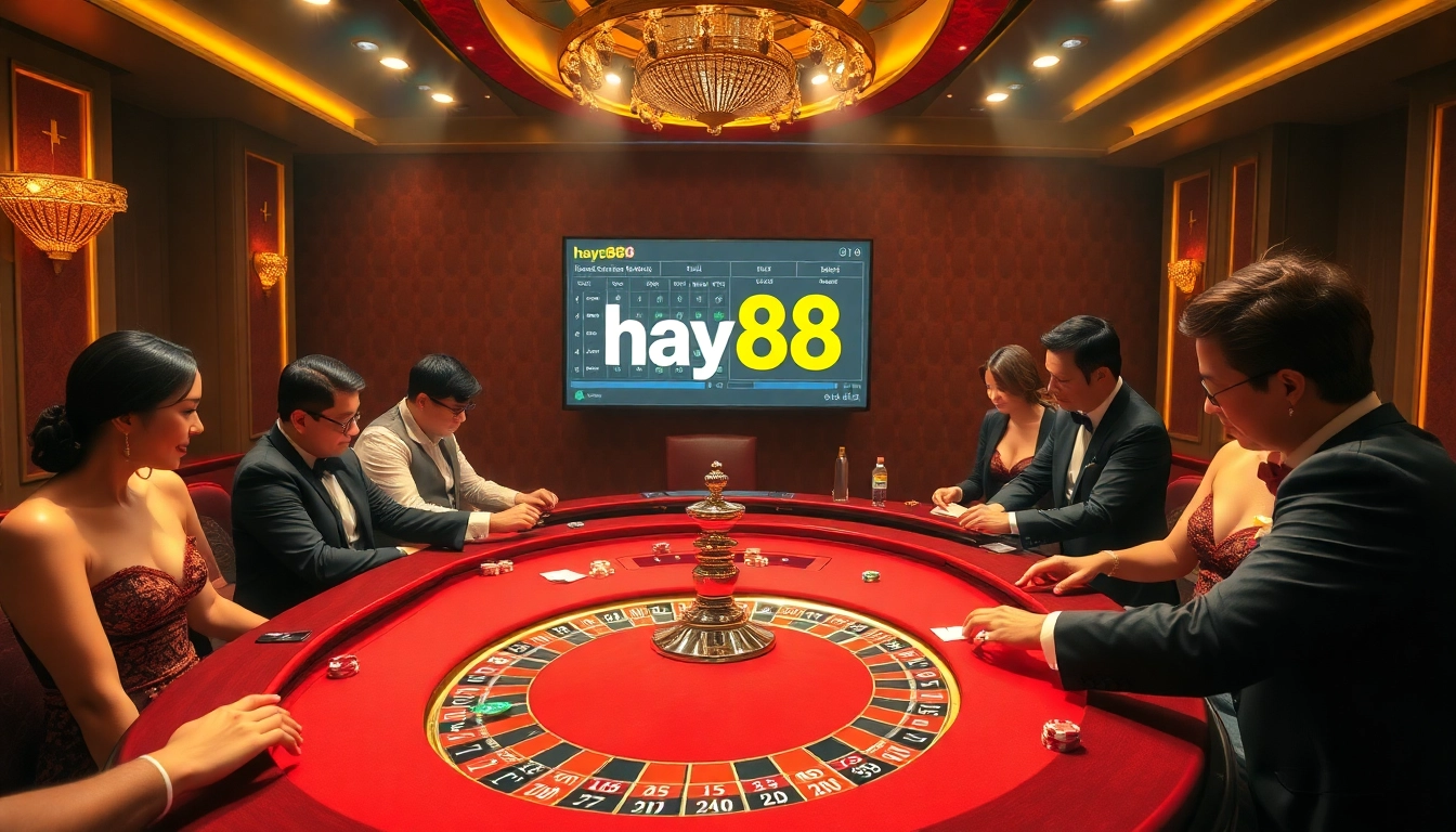 Thrilling roulette action at hay88 casino with players making high-stakes bets.