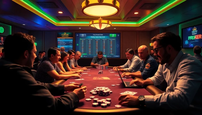 סצנת פוקר אונליין של 7xl סוכן המציגה שחקנים מגוונים וגרפיקה תוססת.