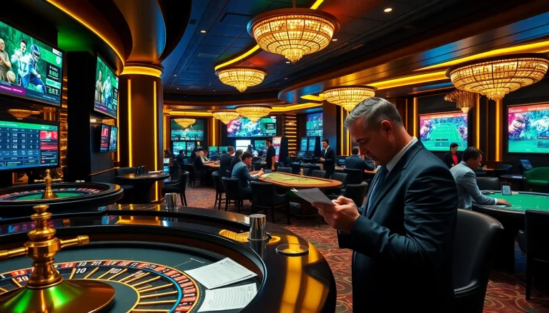 Gamblers engaging in kèo bóng đá betting at a luxurious casino sports betting area, showcasing excitement and strategy.