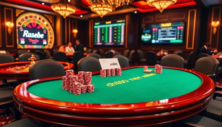 Experience excitement at the nh88 poker table filled with vibrant chips, players, and a spinning roulette.