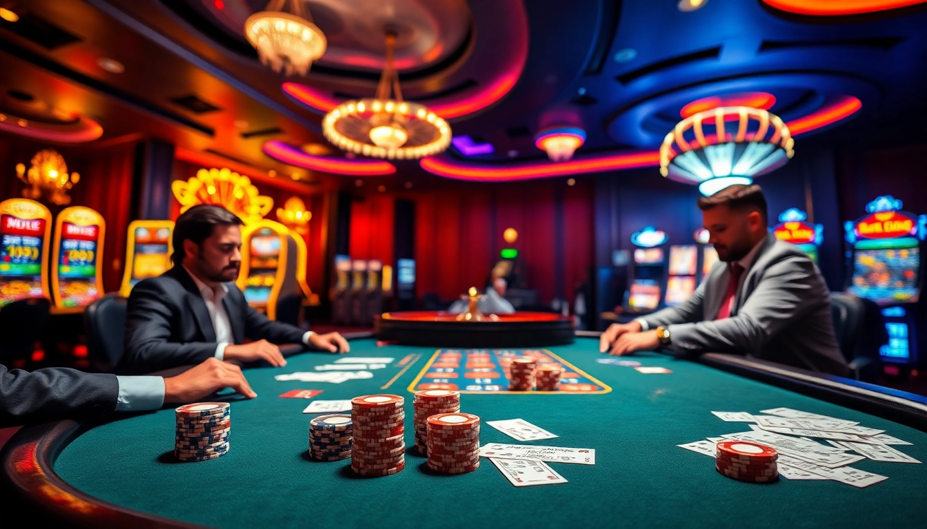 Players enjoying a thrilling game at the J88 poker table in a luxurious casino.