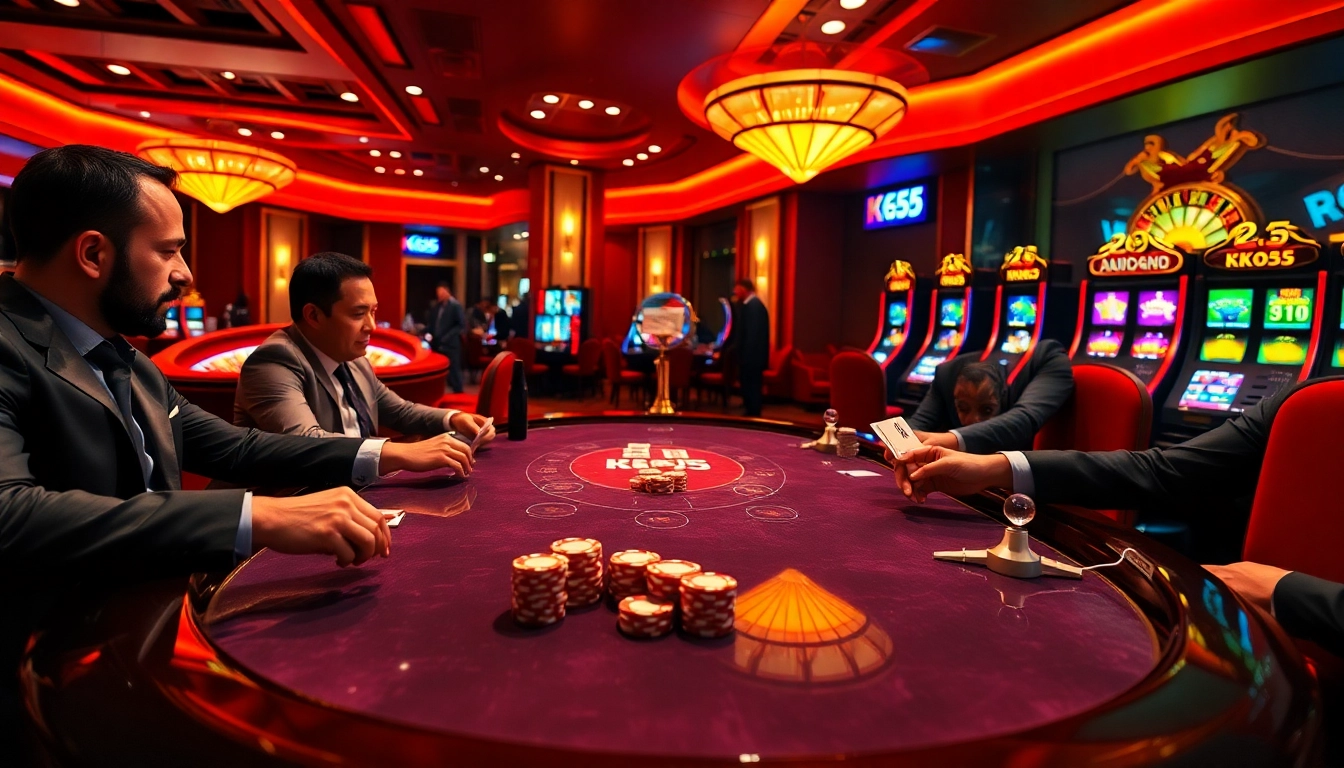 Experience the thrill at KK55 casino table with vibrant chips and expert players.