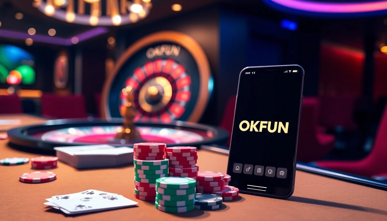Engage with the intense excitement of OKFUN at a modern casino table, featuring poker chips and a roulette wheel.