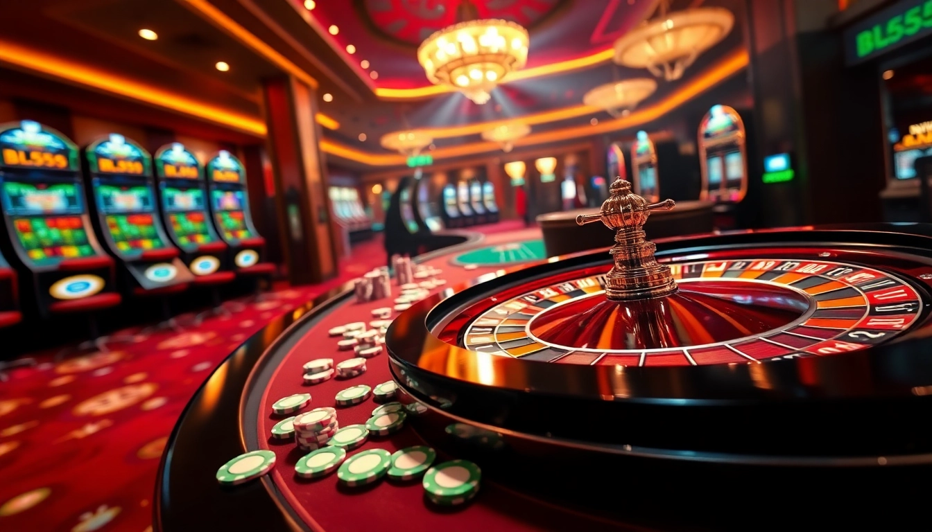 Engage in thrilling casino games at BL555 featuring roulette, poker chips, and slot machines.