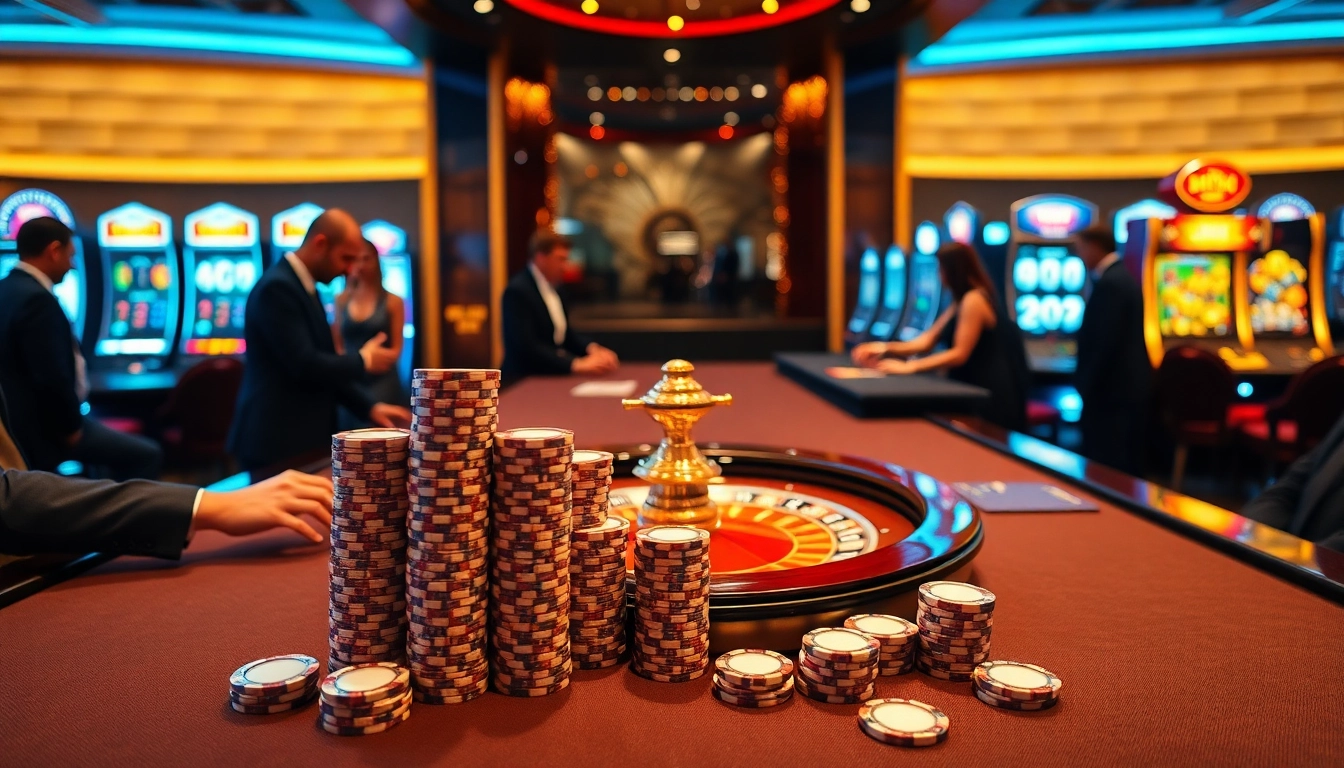 Place bets at MM88 KJC's thrilling casino setup with vibrant roulette wheel and poker chips.
