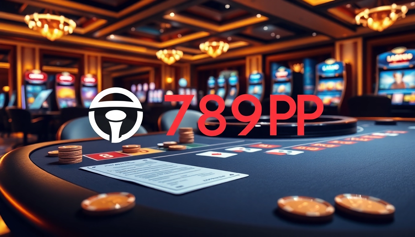 Gambling scene featuring the 789P logo with a casino table, cards, and slot machines.