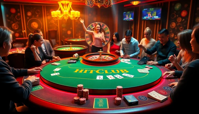 Exciting scene at Hitclub gaming table with vibrant cards, chips, and players focused on their bets.