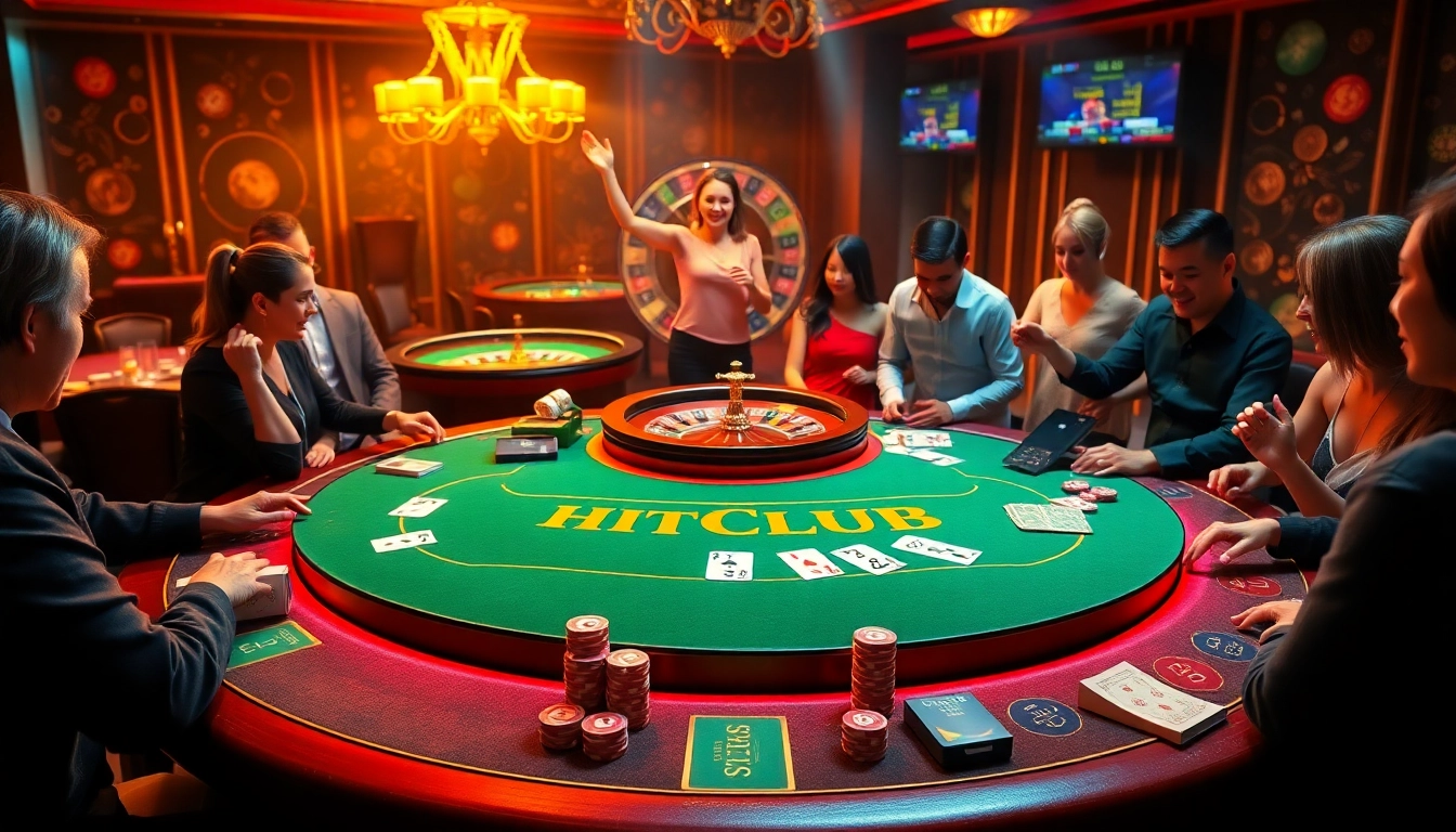 Exciting scene at Hitclub gaming table with vibrant cards, chips, and players focused on their bets.