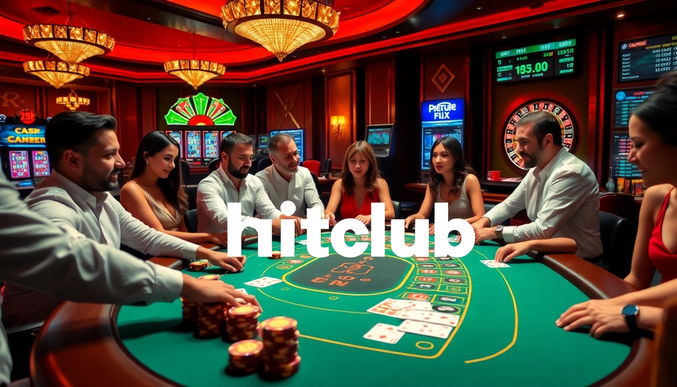 Hitclub casino scene with energetic players at a poker table and vibrant roulette wheel.