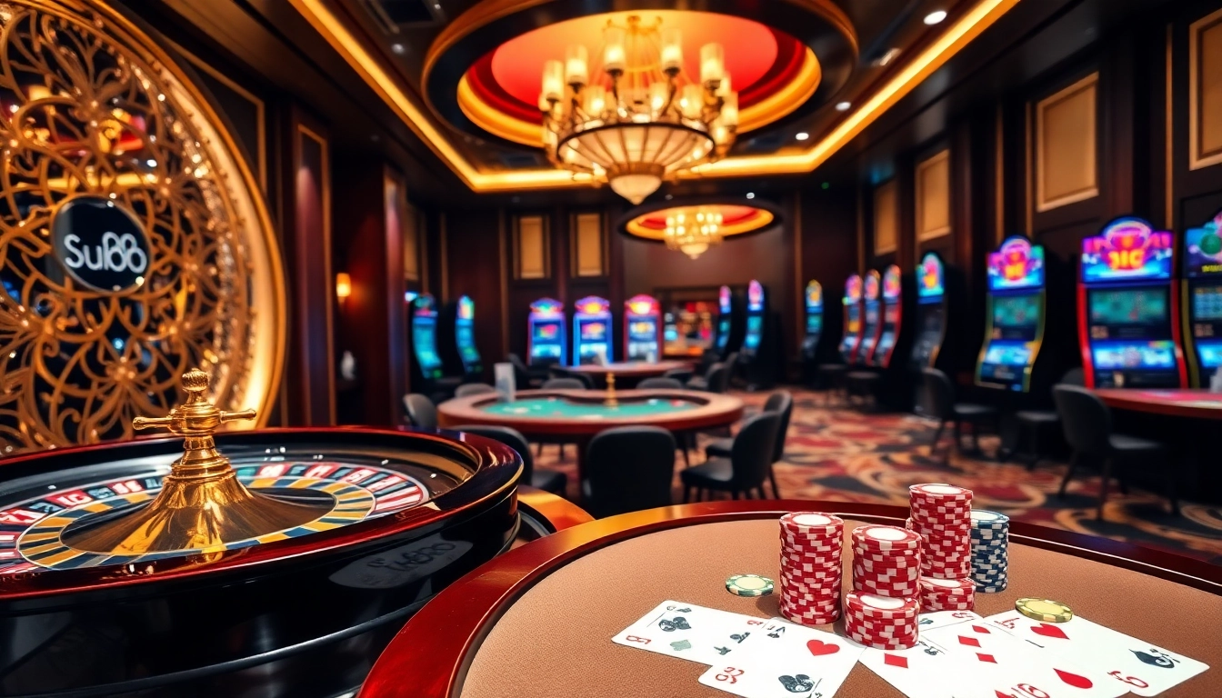 Siu88 gamers engaging with vibrant casino tables, chips, and cards in an elegant atmosphere.