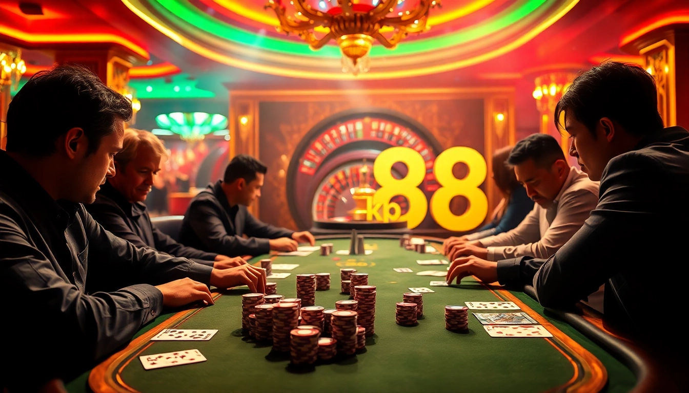 Win at kp 88 while playing poker amid luxury casino decor and vibrant lights.