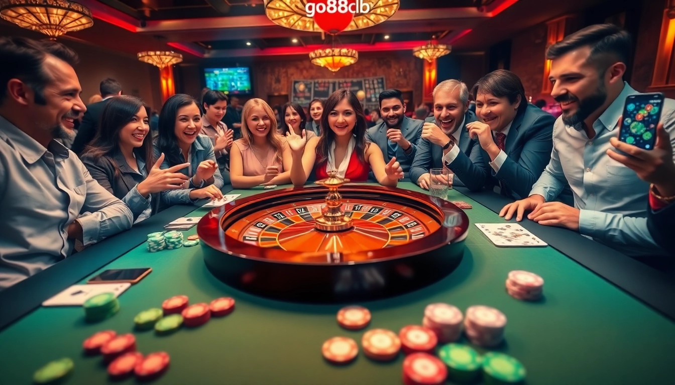 A group of players engaged in thrilling roulette action at https://go88club.page/, showcasing vibrant casino elements.