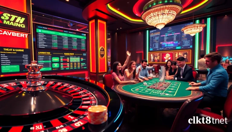 Excited players at mk8th.net celebrate a win at an elegant blackjack table in a luxurious casino.