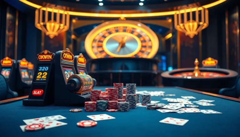 Experience the thrills of online gambling with Nhà Cái OKWIN's vibrant casino atmosphere featuring poker chips and slot machines.