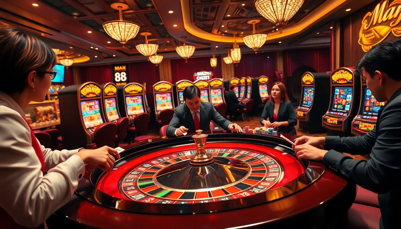 Man 88 gamblers placing bets at a vibrant roulette table in a luxurious casino.