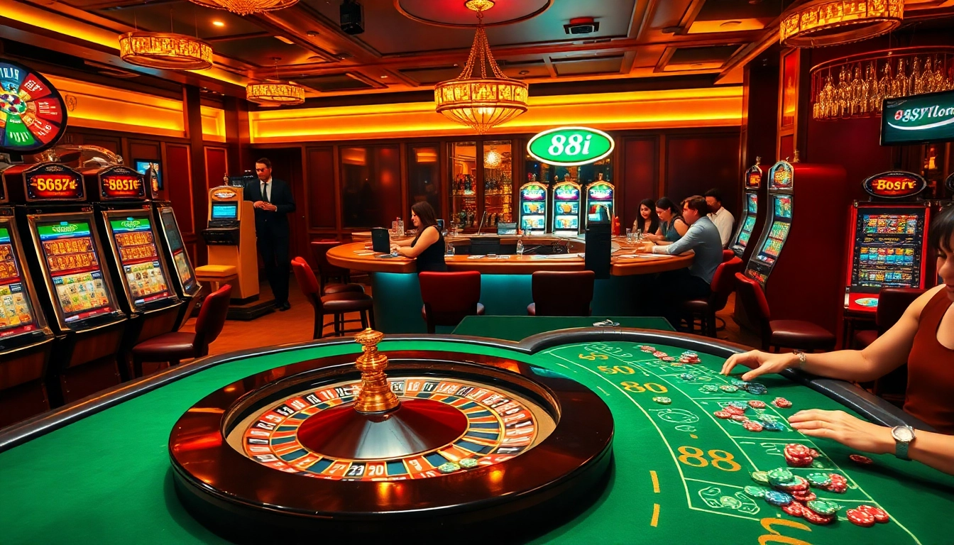 Players enjoying a vibrant casino atmosphere with 88i poker tables and exciting slot machines.