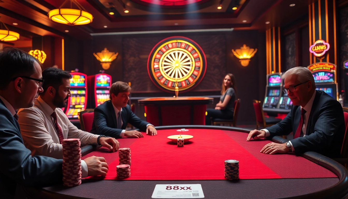 High-energy casino scene featuring poker players and roulette showcasing 88xx excitement.