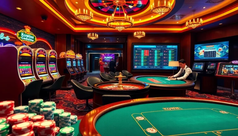 Kuwin offers a vibrant casino scene featuring poker chips, slot machines, and a live dealer.