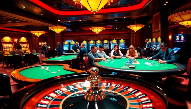 Players enjoying high-stakes poker at 5z7772 com casino with vibrant tables and flashing slot machines.