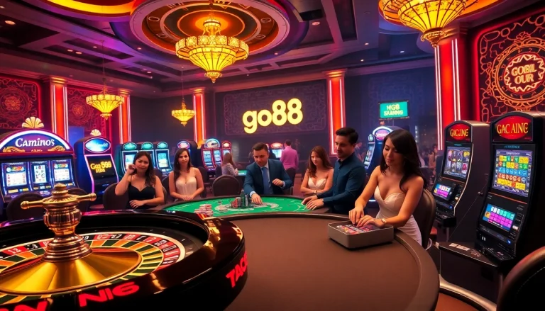 Players enjoying the thrill of gambling at go88 .com with luxury tables and vibrant ambiance.