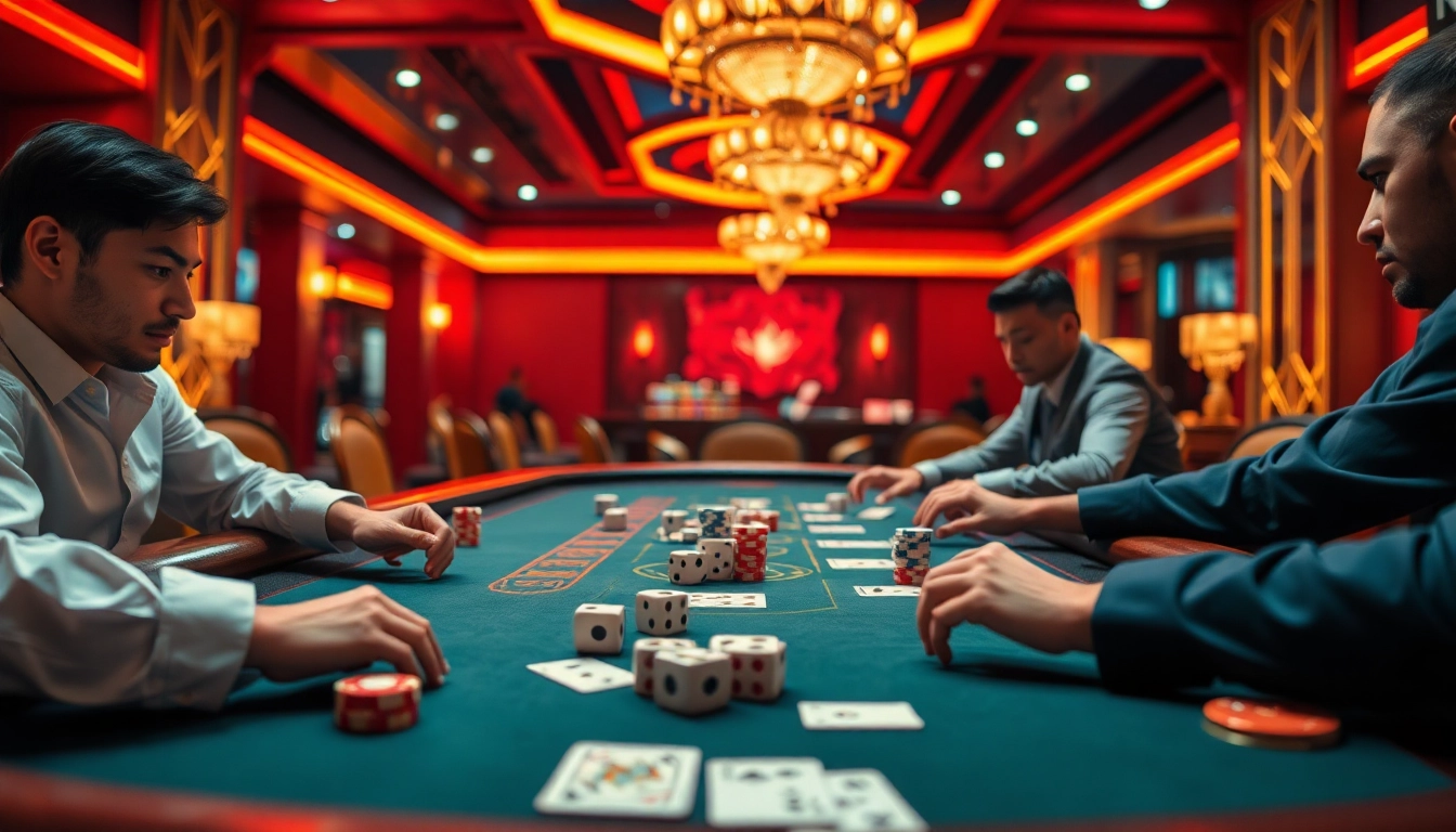 Players engaging in Taixiu MD5 gambling at a luxurious casino table with dice and chips.