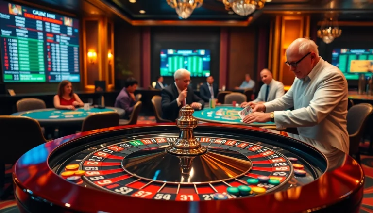 Visualize the excitement of แทงบอลยังไง with vibrant casino tables, strategic players, and dynamic betting odds.