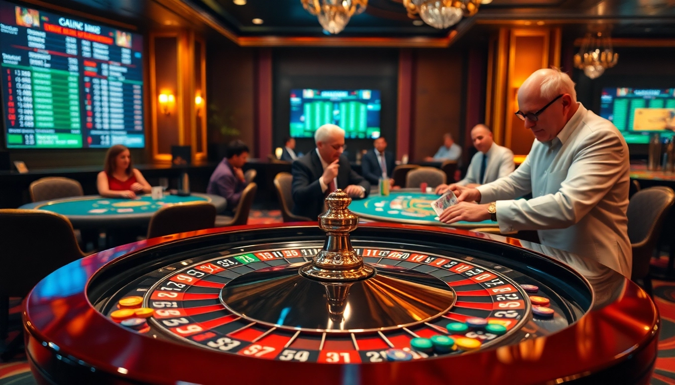 Visualize the excitement of แทงบอลยังไง with vibrant casino tables, strategic players, and dynamic betting odds.