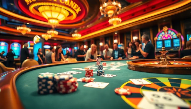 Experience the excitement at 789f nhà cái with vibrant poker chips, roulette, and slot machines in a luxurious casino setting.