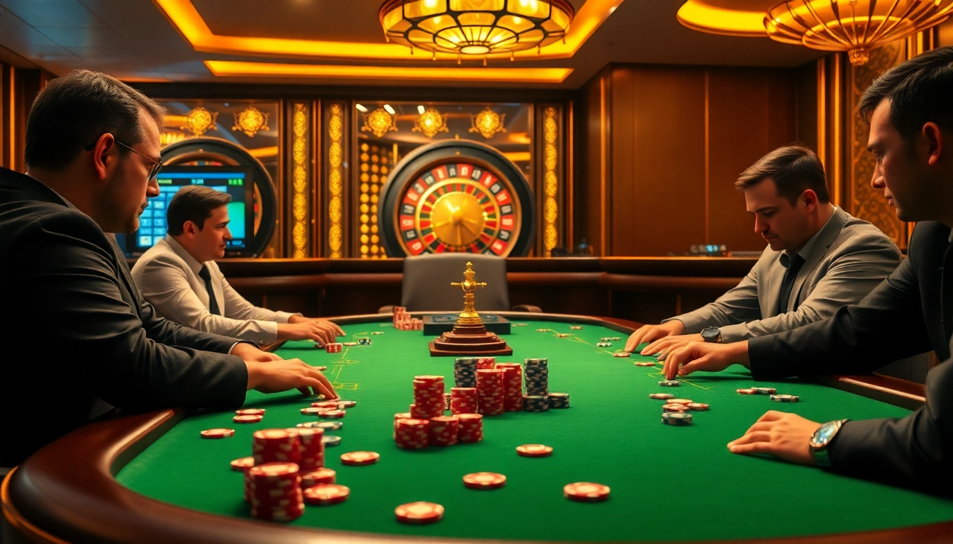 Experience the excitement of high-stakes gaming at with a luxury poker scene featuring vibrant tables and professional players.
